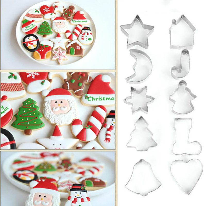 Neue 10 Teile/satz Weihnachten Cookie Cutter Edelstahl Cut Süßigkeiten Keks Mould Kochen Werkzeuge Weihnachten Thema Schneider Backform