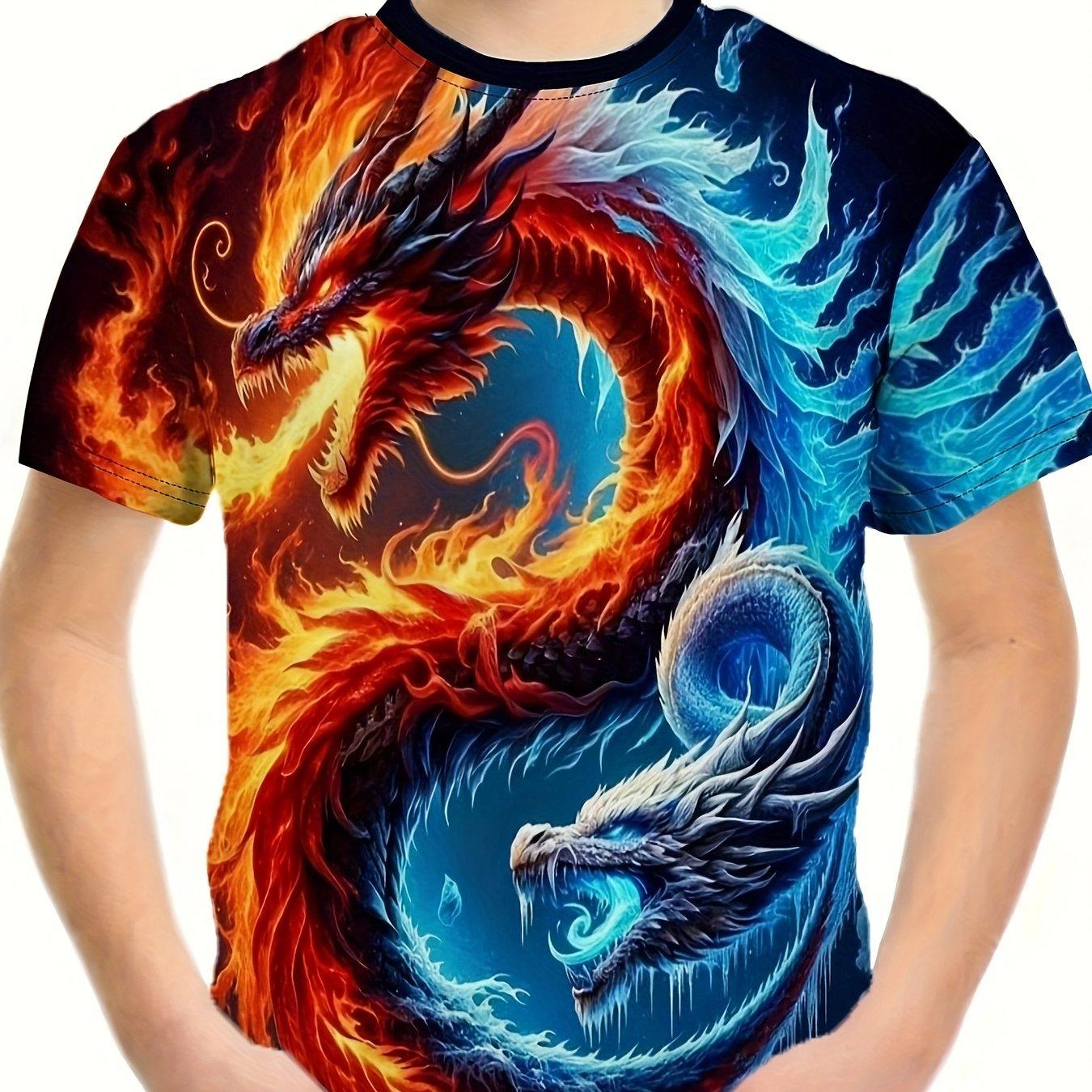 Kinderbekleidung T-Shirts für Jungen Kurzarm Kinder T-Shirt Stilvoller 3D-Drache-Graphit-Druck Lässige Mädchen Sommerkleidung Tops 150 blue
