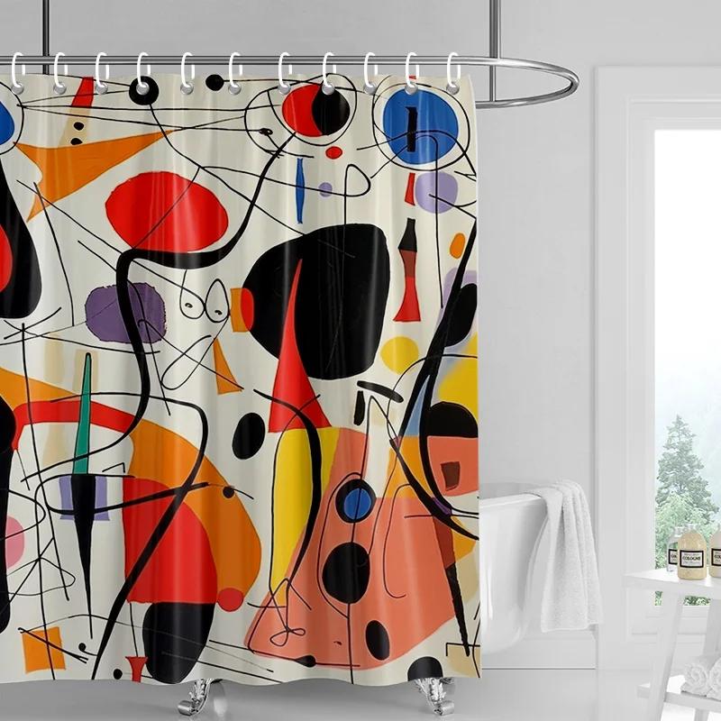Morandi Bunt Abstraktes Pflanzenmotiv Duschvorhang Wasserdicht Schimmelresistent Nordischer Stil Badezimmer Dekorativer Duschvorhang 90x180cm black