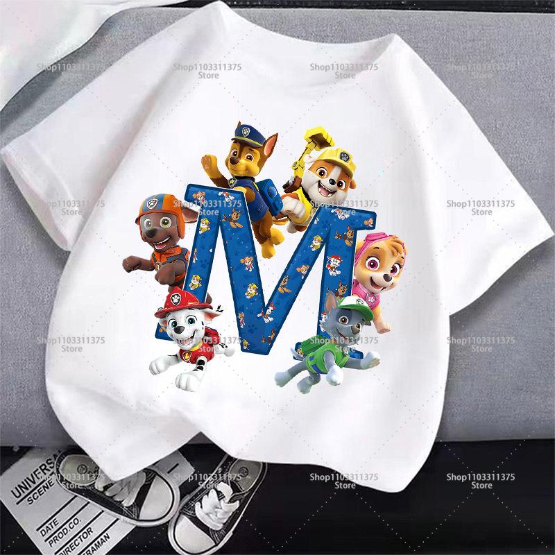 Süßes PAW Patrol T-Shirt Buchstabe A-Z Jungen Mädchen Kleidung Kurzarm Sommer Cartoon Kinder Geburtstag Kleinkind Baumwolle Outdoor Kleidung Geschenk 150 blue