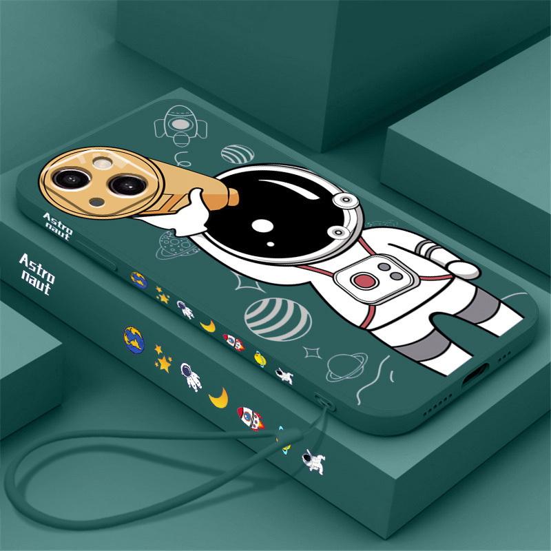 Für iPhone 16 Pro 15 14 Pro Max 13 12 Pro Max 12 11 XR XS 8 7 Astronauten-Lanyard-Silikon-Softcase iPhone 13 Pro Max grün