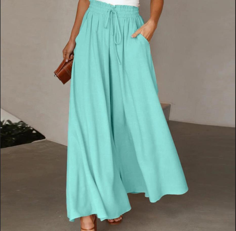 Damen Weitbeinige Hosen Sommer Culottes Elastischer Hoher Bund Fließende Palazzo-Hosen Locker Ausgestellte Hosen mit Taschen M türkis