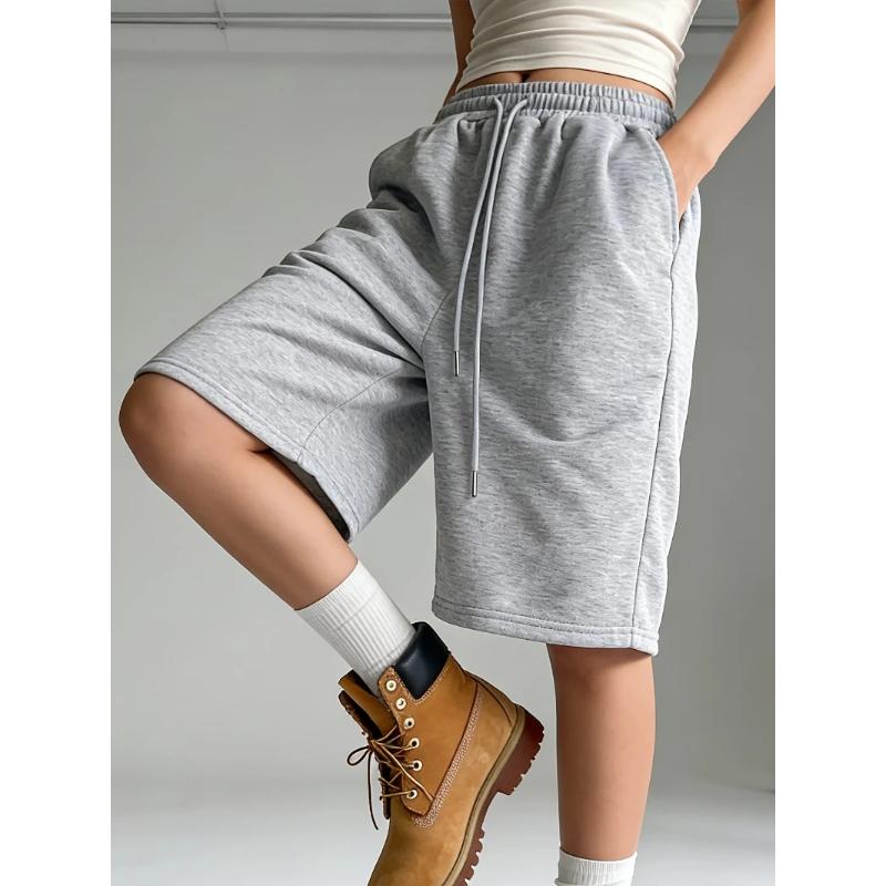Einfarbige Shorts mit Kordelzug Sommer Lässig Elastischer Bund Shorts Damenbekleidung Sport Lässige Shorts Damen Shorts 2XL grau