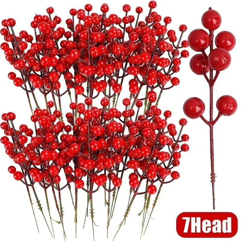 1/50 STÜCK Künstliche Beeren Weihnachtsdekoration Rote Beerenzweige 7/12/14 Kopfbeeren Stiele Bouquet DIY Weihnachtsbaum Kranz Dekor 5PCS red