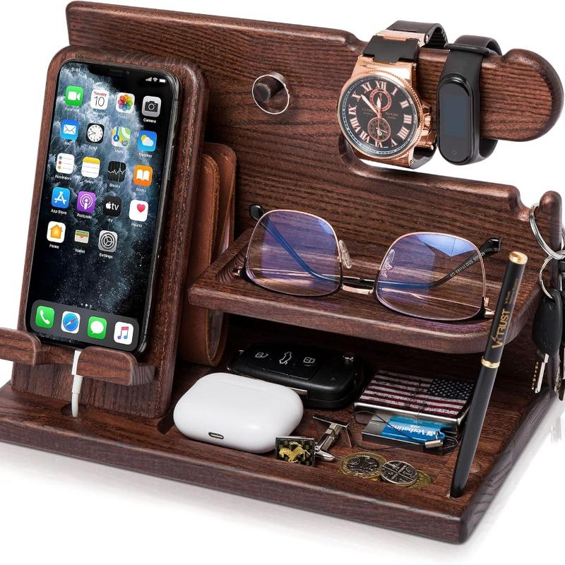 Geschenke für Männer Holz Handy-Dockingstation Schreibtisch-Organizer Geschenke für Väter Geschenke für ihn Weihnachtsgeschenk Jubiläum Geburtstagsgeschenke Nachttisch Schlüssel Geldbörse braun