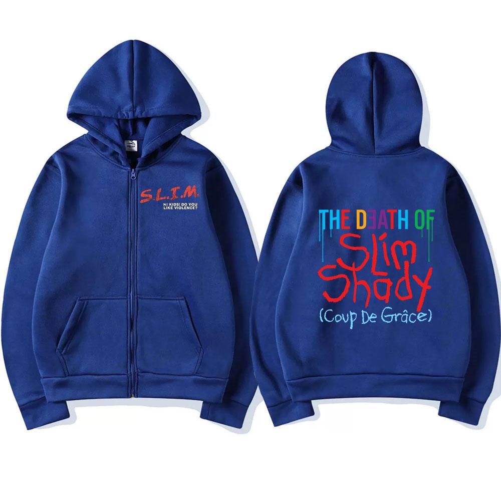 Rapper Eminem The Death of Slim Shady Album Reißverschluss-Hoodies Herren Damen Kleidung Mode Zip Up Kapuzenpullover Vintage Pullover S blau