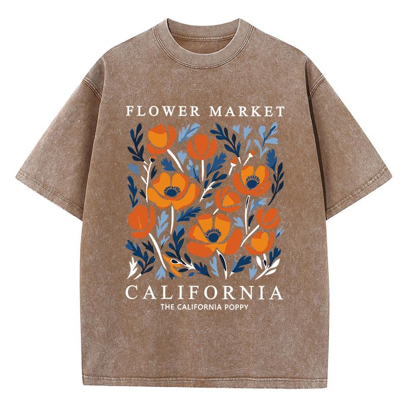 Blumenmarkt Kalifornien Drucke Gewaschene T-Shirts Damen Baumwoll Tops Bequeme O-Ausschnitt Oversize T-Shirts Mode Damenkleidung 2XL