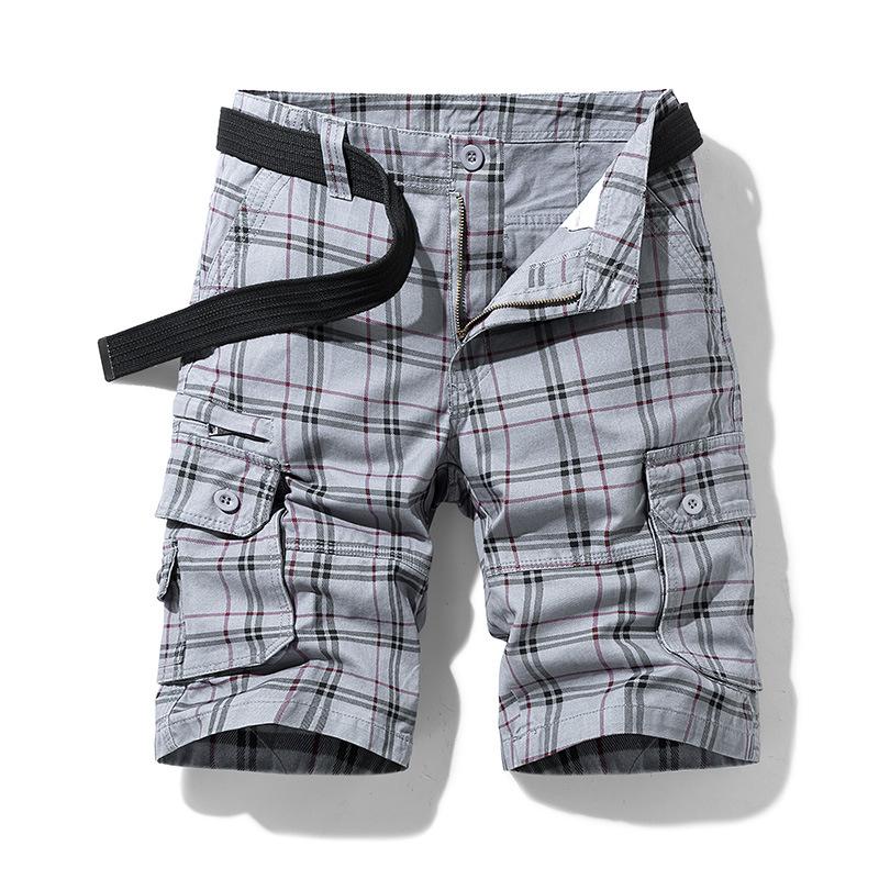 Sommer Baumwolle Herren Shorts Casual Sport Arbeitskleidung Fünf-Punkt-Hose Plaid Slim Multi-Pocket-Hose 3XL graue