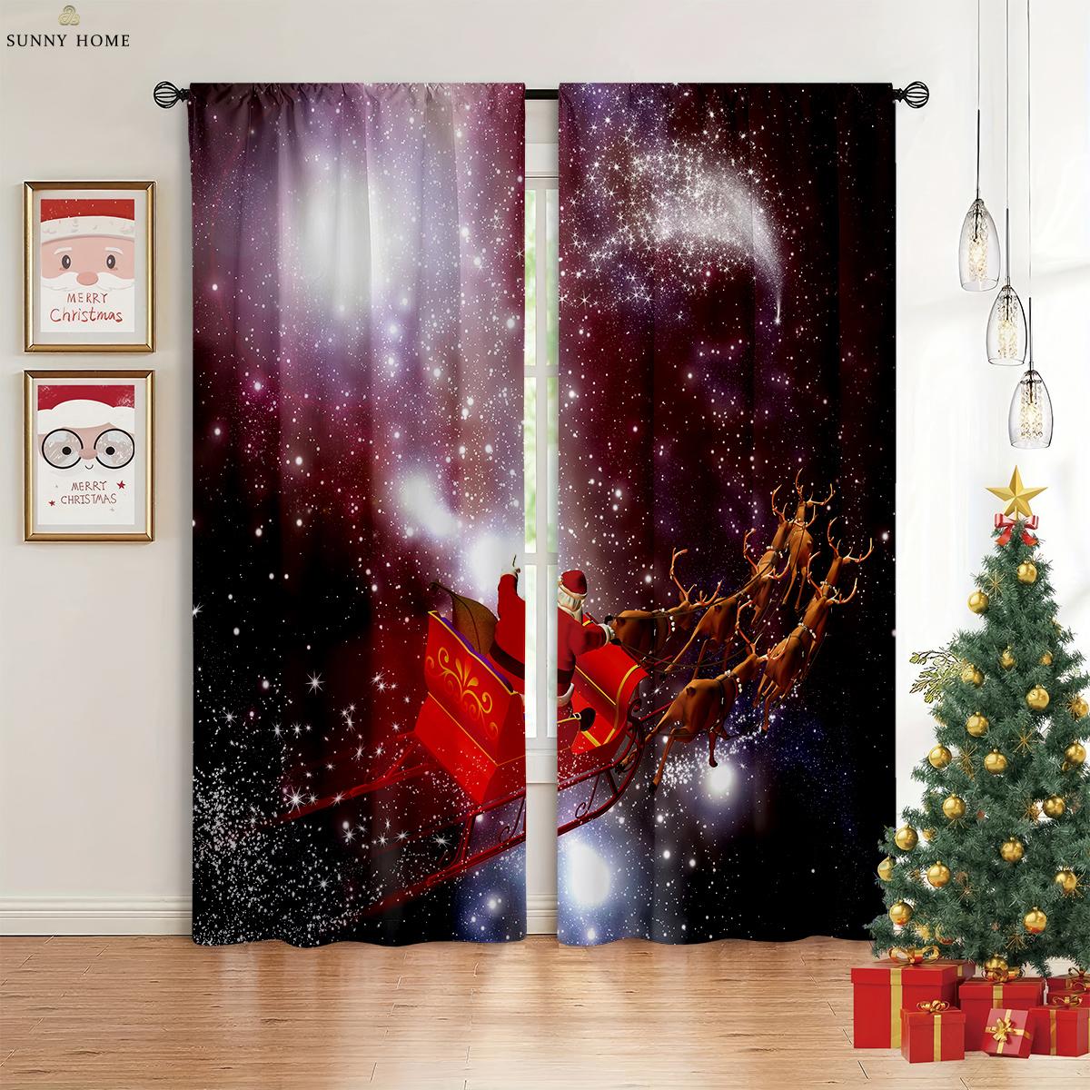 Weihnachtsdekoration Vorhänge Weihnachtsbaum Weihnachtsmann Cartoon Druck Vorhänge Restaurant Schlafzimmer Feiertagsdekoration Vorhänge W50xH140(CM)x2PCS&Grommet Top gray