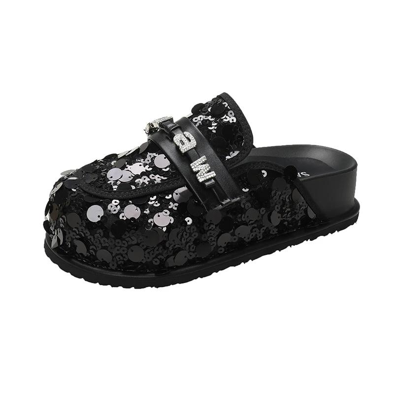Mode Baotou Damen Hausschuhe 2024 Frühjahr und Sommer Neue Pailletten Strass Dicke Sohle Mode Hundert Spiel Mueller Schuhe Faule Schuhe 40 schwarz