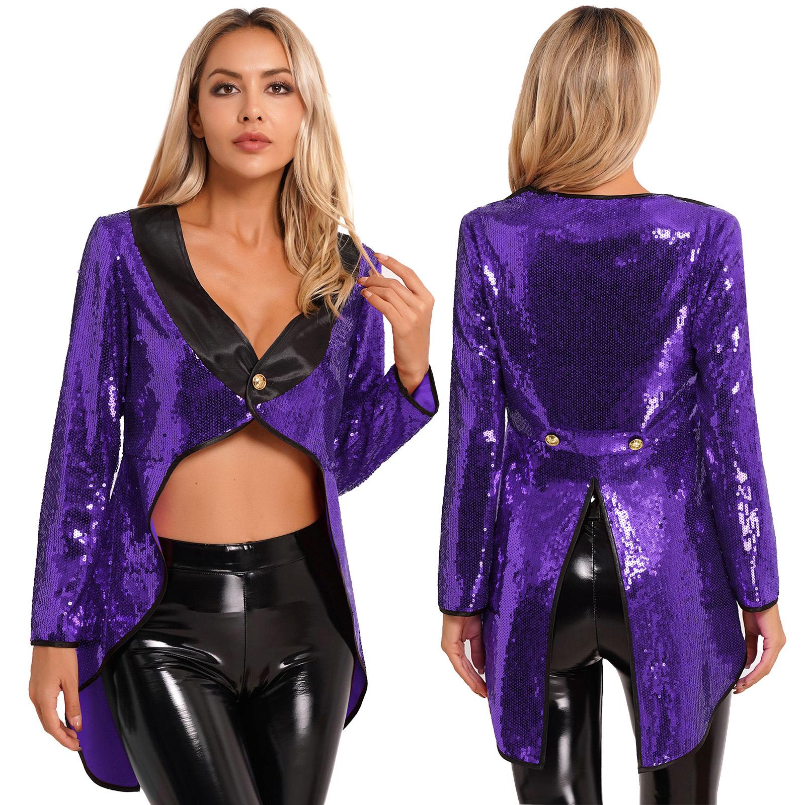 Damen-Smoking-Oberbekleidung, Zirkus-Zirkusdirektor, Halloween-Kostüme, Frack, Jacke, glitzerndes Pailletten-Zaubererkleid mit einem Knopf S violett