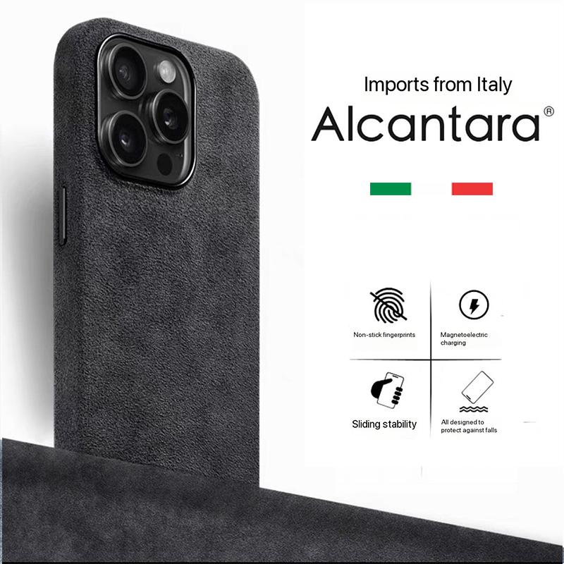 Echte Alcantara Hülle für IPhone 15 16 17 Pro Max Plus Air Luxuriöse Magnetische Abdeckung Leder Magsafe Handyhülle für 16 15 14 Pro Max For iPhone14 Pro Max dunkelgraue