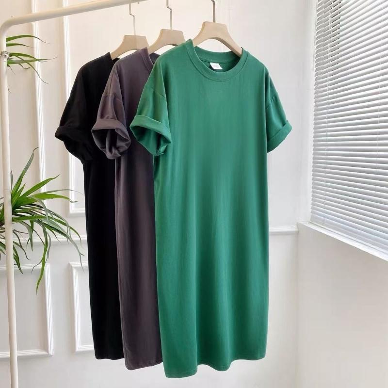 Übergröße Kurzarm Freizeitkleid Damen Sommer Locker Einfarbig Mittellang Knielang Geschlitzt T-Shirt Kleider M grün