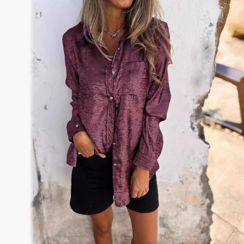 Damen Blusen Mode Einfarbig Langarm Casual Samt Kragen Hemd Top Herbst Blusen & Hemden 2XL bordeaux