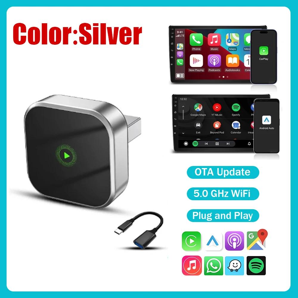 2IN1 Auto AI Box Kabelgebunden zu Kabellos CarPlay Plug & Play WiFi 5,8 GHz Bluetooth 5.0 Smart Dongle Android Auto Mini-Adapter silber