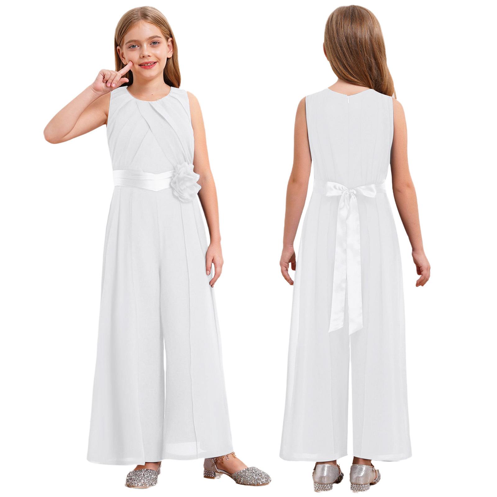 Kinder Mädchen Party Jumpsuit Einfarbige Runde Halslinie Ärmellos Hohe Taille Rüschen Chiffon Abnehmbare Blume Verziert Jumpsuit mit Gürtel für Hochzeit 13-14 Years elfenbein