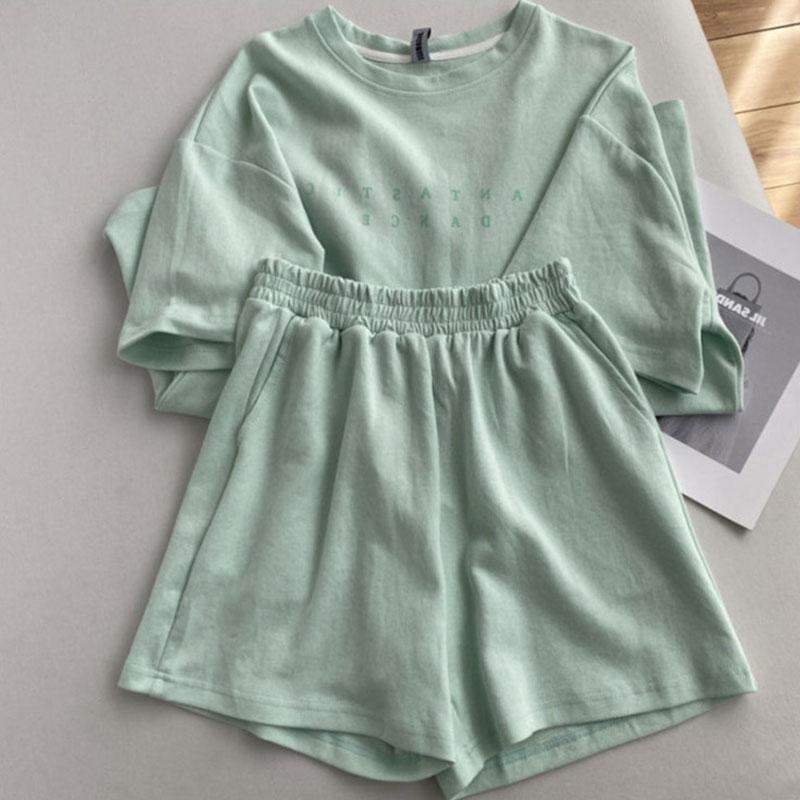 Frauen Sommer Casual Anzug Koreanische Rundhals Brief Kurzarm T-shirt Anzug Dünne Dünne Lose Breite bein Sport Shorts Zwei-stück Set Fitness Anzug L hellgrüne