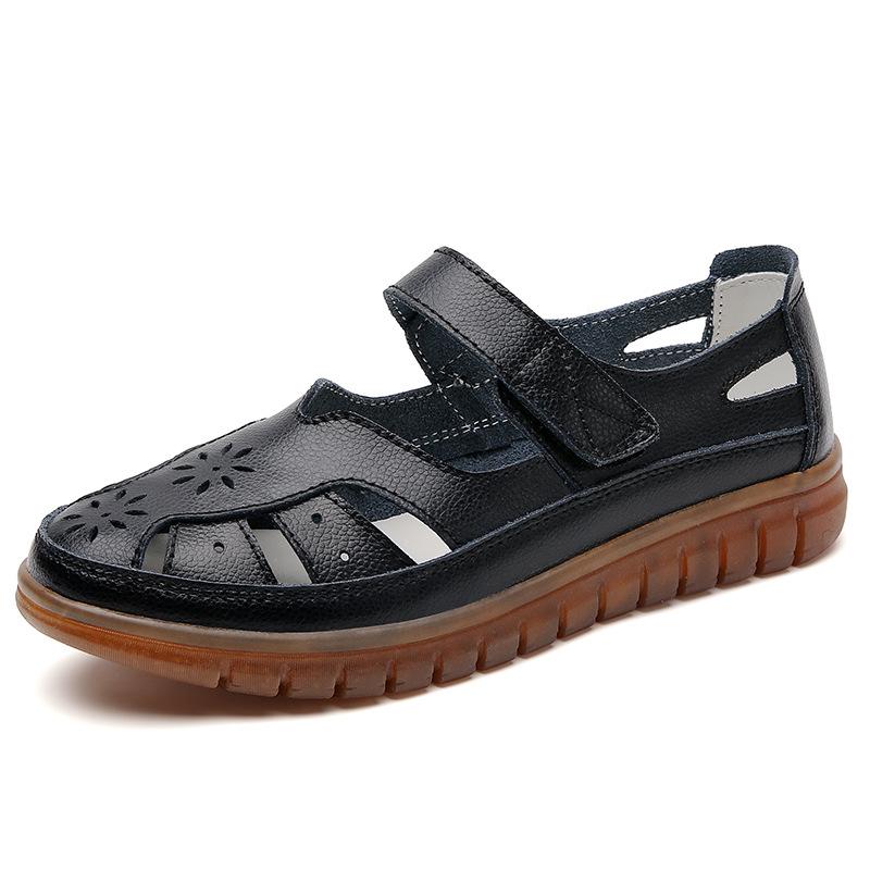 Damen Leder Hohl Sandalen Atmungsaktive Sommerschuhe Bequeme Krankenschuhe Weiße Sandalen Mama Sandalen Große Größe 41 schwarz