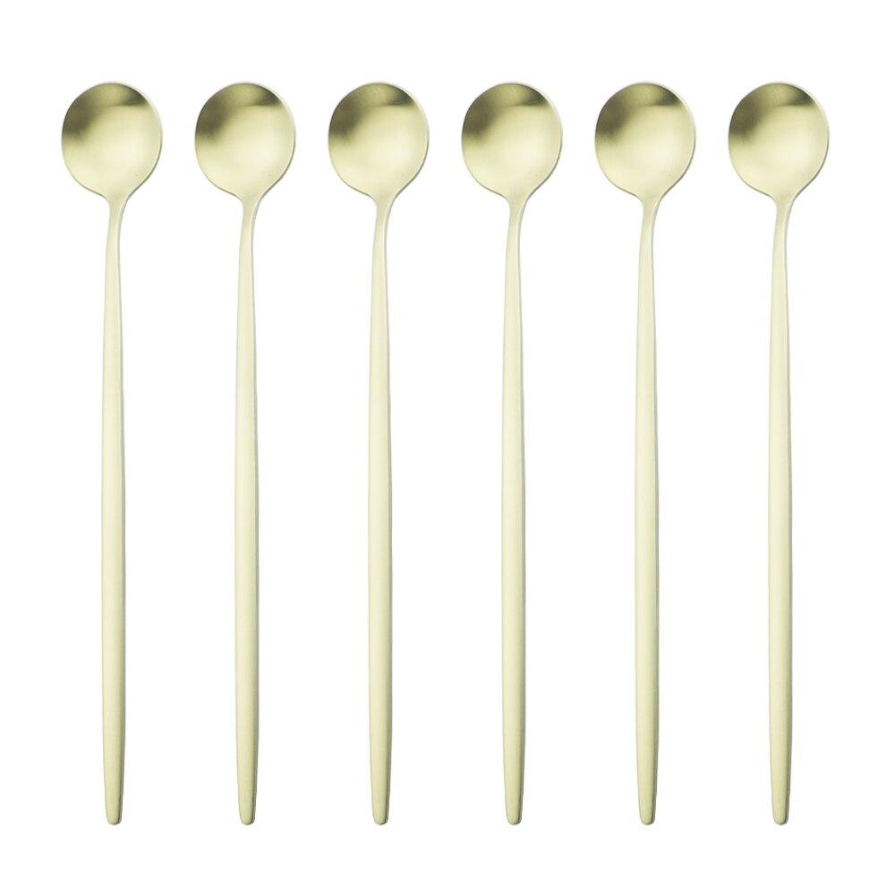 6-teiliges Gold-Löffel-Set mit langem Griff, mattierter Edelstahl, poliert, zum Rühren, für Getränke, Eis, Dessert, Teelöffel, Geschirr champagner