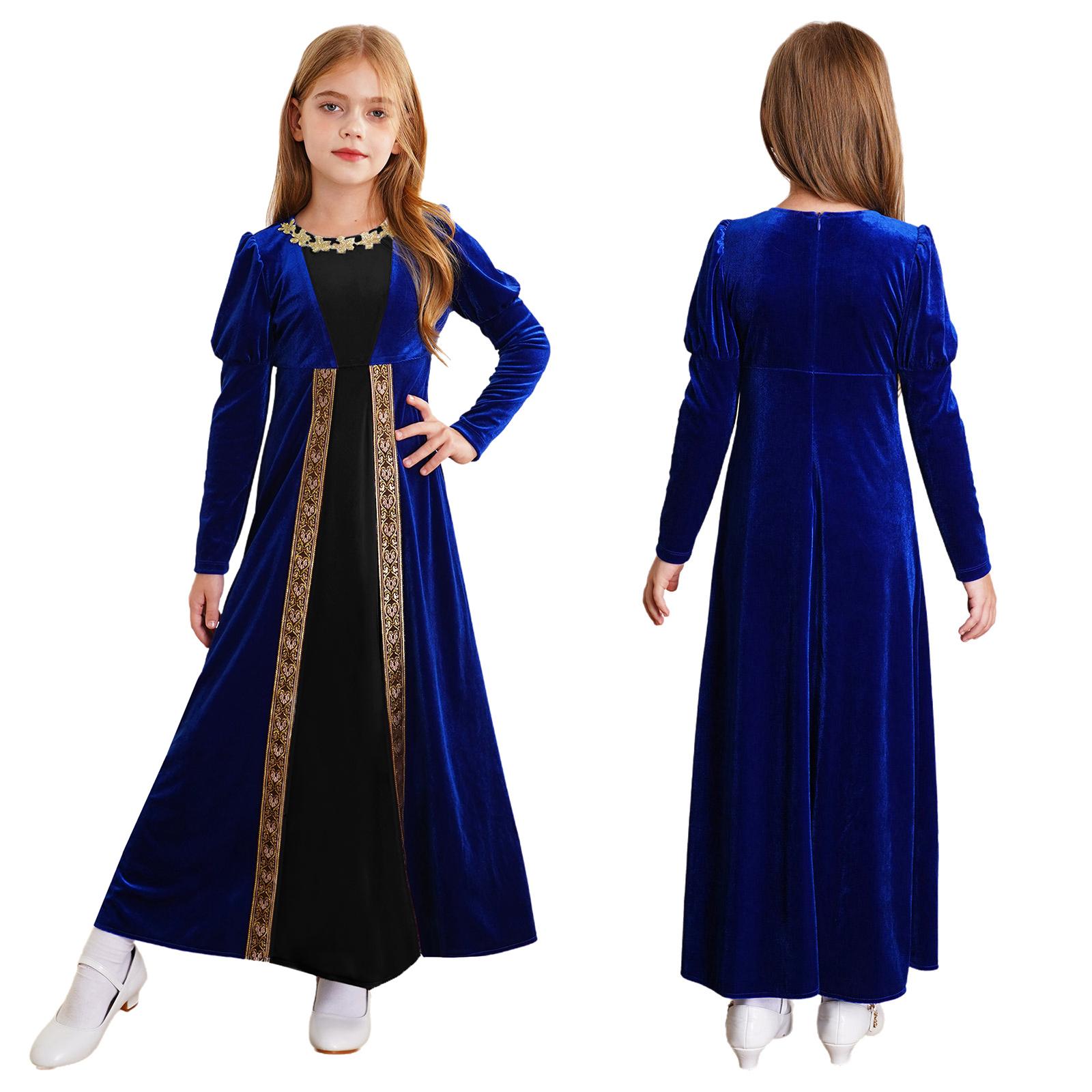 Mittelalterliches Renaissance-Kleid für Mädchen, Halloween, Rollenspiel, Partykostüm, Prinzessin, Langarmkleid, Ballkleider 5-6 Years königsblau