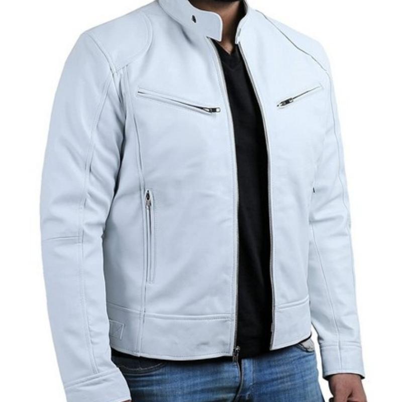 Herrenjacke mit Stehkragen, durchgehendem Reißverschluss, Brusttaschen und verstellbaren Bündchen M weiß