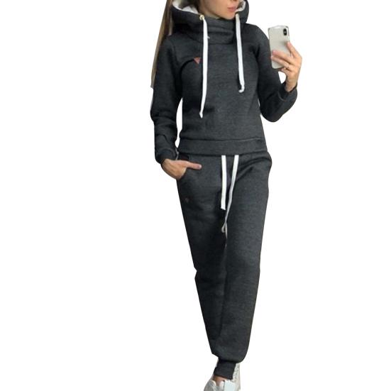 2-teiliger Damen-Jogginganzug, einfarbig, Trainingsanzüge, Fleece-gefüttert, Kapuzenpullover, Hosen-Set, Damenbekleidung in Übergröße 2XL schwarz