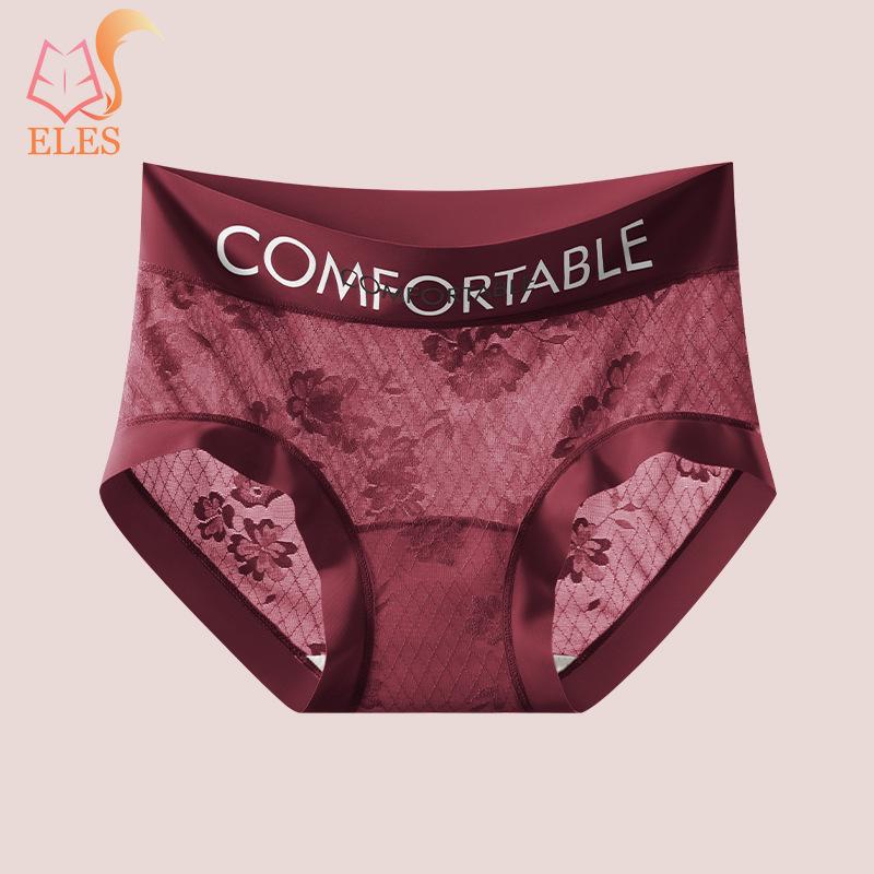 Damenunterwäsche mit dünner Netzspitze, Höschen, mittlere Taille, Baumwoll-Schritt-Slip, Buchstaben, leicht, transparent, Unterwäsche für Damen, Unterhosen, Schlüpfer, Dessous L rot