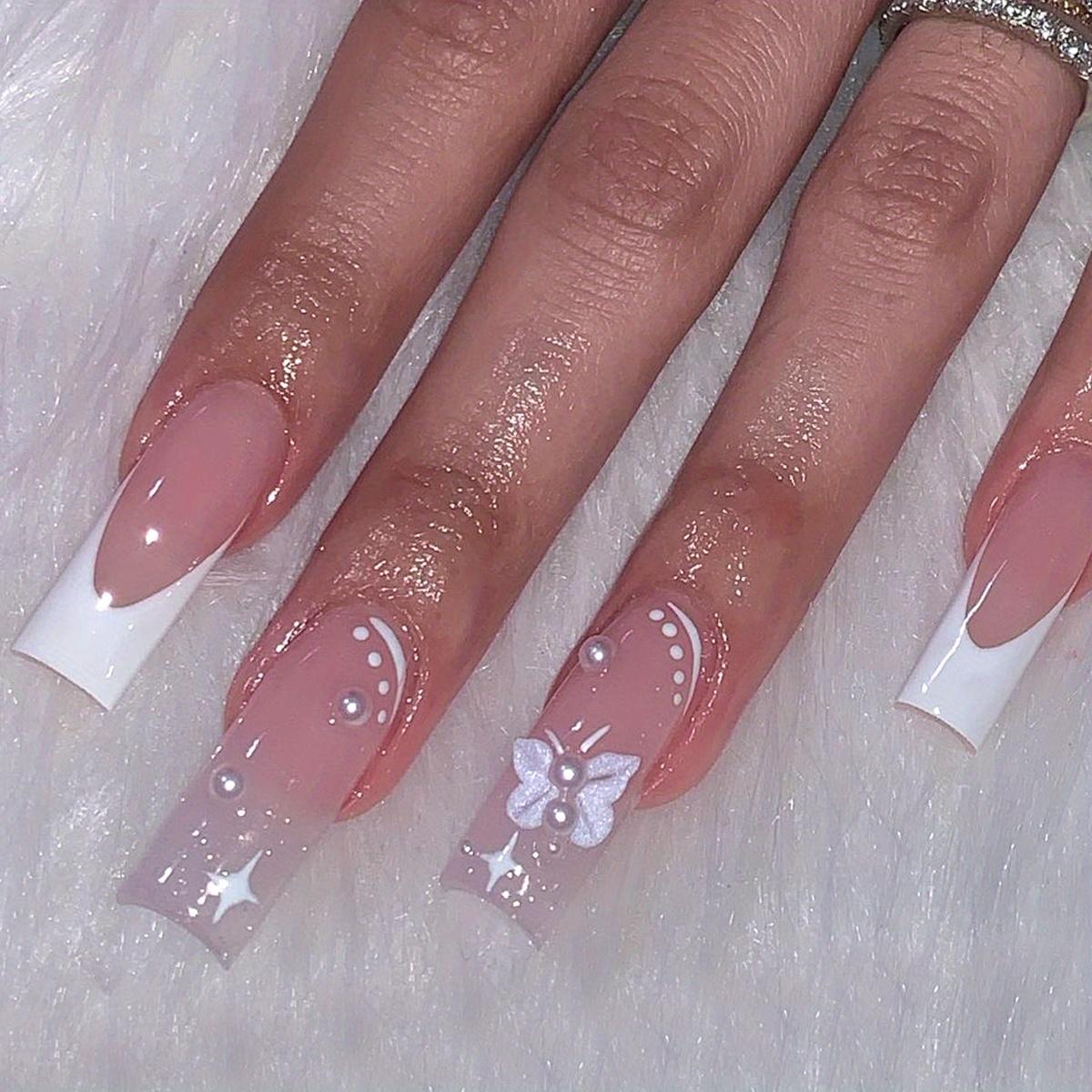 24 Stück Aufdrücknägel, lange künstliche Sargnägel, hautfarbene Kunstnägel mit weißen Perlen, Schmetterlingsdesign, Acrylnägel mit 1 Gelee-Kleber und 1 Nagelfeile weiß