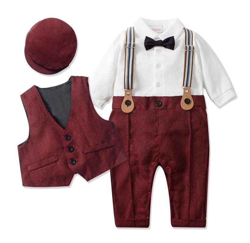 Baby Anzüge Neugeborenen Jungen Kleidung Strampler + Weste + Hut Formelle Kleidung Outfit Party Fliege Kinder Geburtstag Kleid 100cm rot