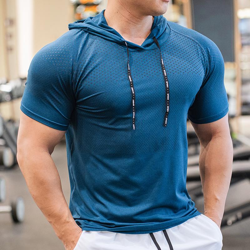 Herren Lauf Hoodies Bodybuilding Sport Kapuzen Kurzarm Fitnessstudios Fitness Kleidung Muscle Shirt Schnelltrocknendes Trainings T-Shirt L dunkelblaue