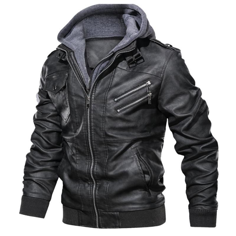 Kapuzenlederjacke Streetwear Bikerjacke Slim Fit Herbst Winter Mantel Herren Pelzfutter Herren Motorradjacke Mode Herrenjacke XL grau