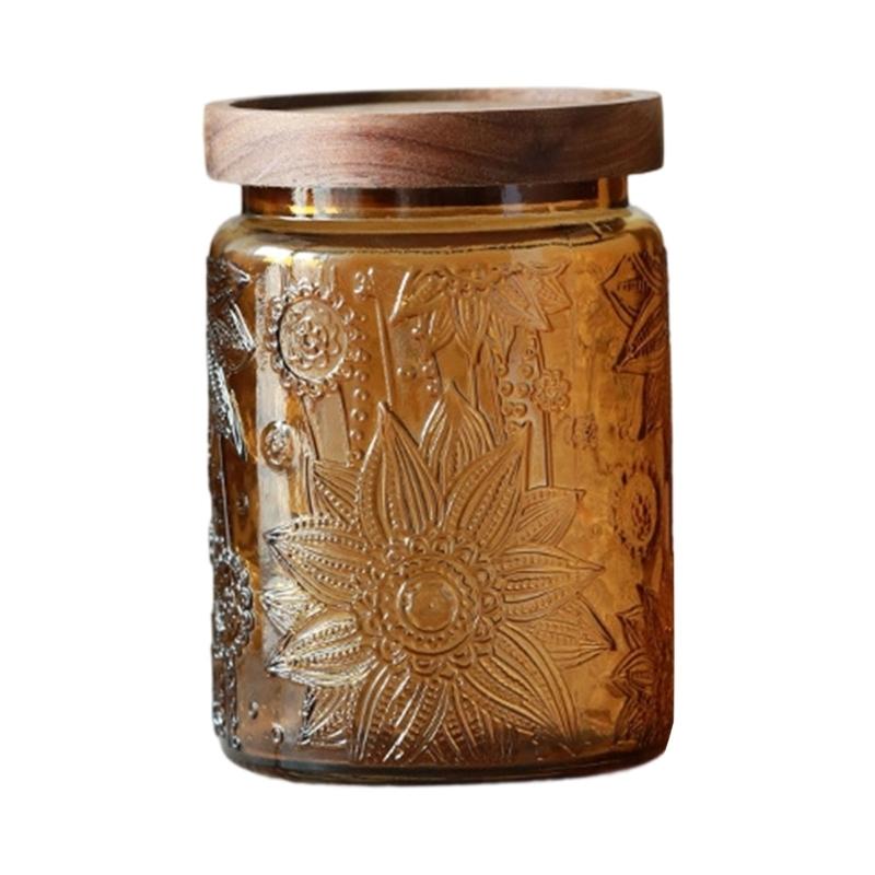 Klarglas-Vorratsglas für Süßigkeiten mit geprägtem Look, sichere Dichtungen, Holzdeckel für Heimdekoration gelb