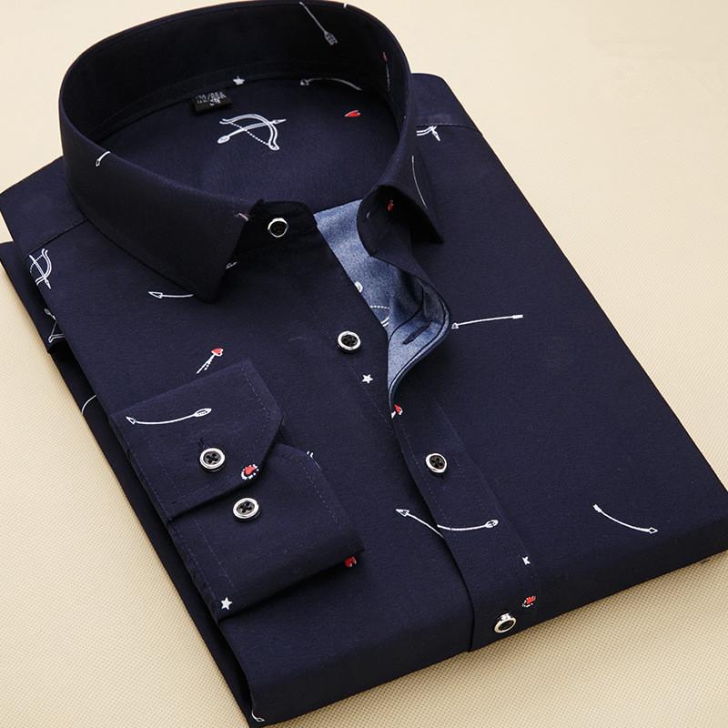 Herren bedruckte Bluse, modisches Hemd, schmales Bürokleid, Hemden, langärmelige Bluse, 4XL, große Größen 4XL navy blau