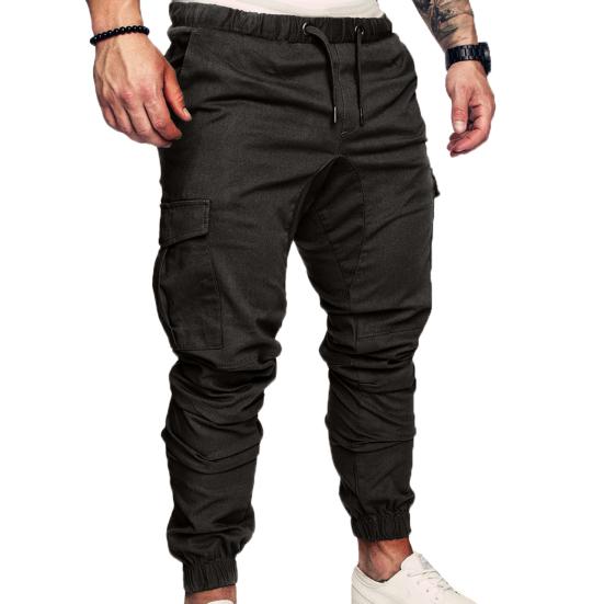 Männer Casual Einfarbig Taschen Taille Kordelzug Knöchel Gebunden Skinny Cargo Hosen XL dunkelgraue