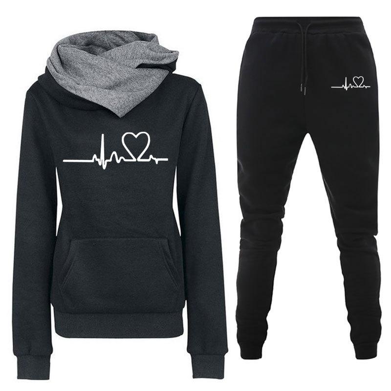 Frauen Casual 2 Stück Set Sport Trainingsanzug Langarm Hoher Kragen Hoodies Hosen Jogging Anzüge Sportswear XXXL schwarz