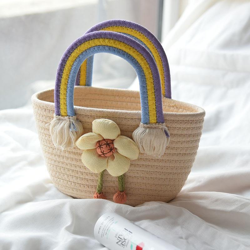 Damenhandtasche Baumwollseil Tragetasche Hundert Tragetasche Blumen Strohtasche Regenbogenhenkel 18*9*15cm