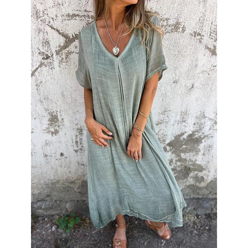 Sommer Bohemian Stil Baumwolle Leinen Locker Kleid Damen V-Ausschnitt Kleid Vintage Gerade Strandkleid Weich Atmungsaktiv Lange Kleider XXXL grün