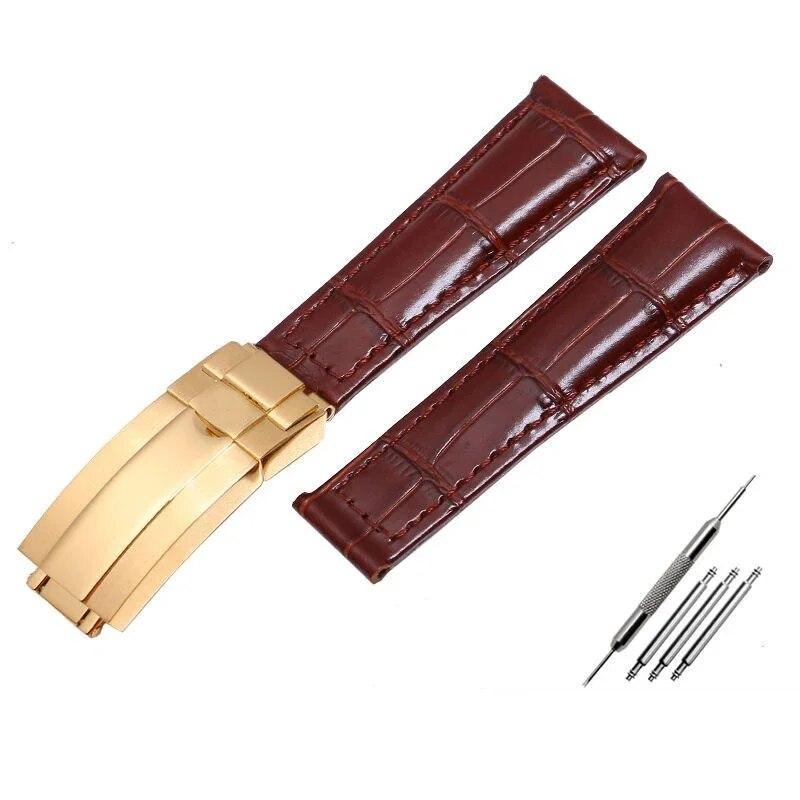 Krokodilmuster Echtleder Uhrenarmbänder 20mm für Rolex Uhrenarmband Daytona Submariner GMT RX Armband Faltschließe Brown-gold  20mm With logo