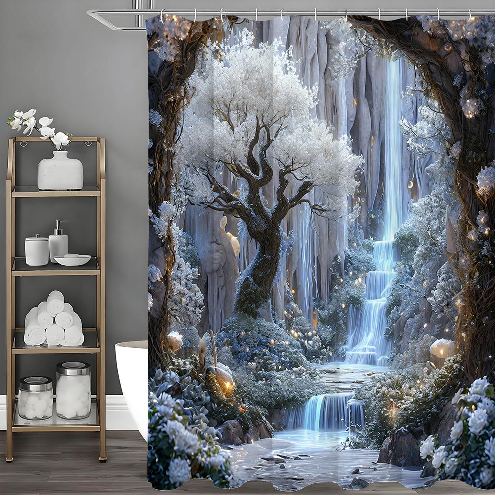 Eiswelt Wasserfall Blume und Baum Duschvorhang, Badezimmer Dekorativer Duschvorhang, Wasserdichter Duschvorhang mit Haken 150*180cm