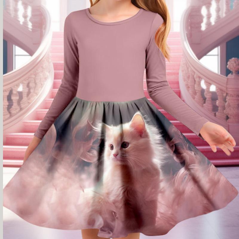 Frühling Mädchen Casual 3D Nette Katze Drucken Rundhals Langarm Kleid Kind Prinzessin Kleid 80 rosa