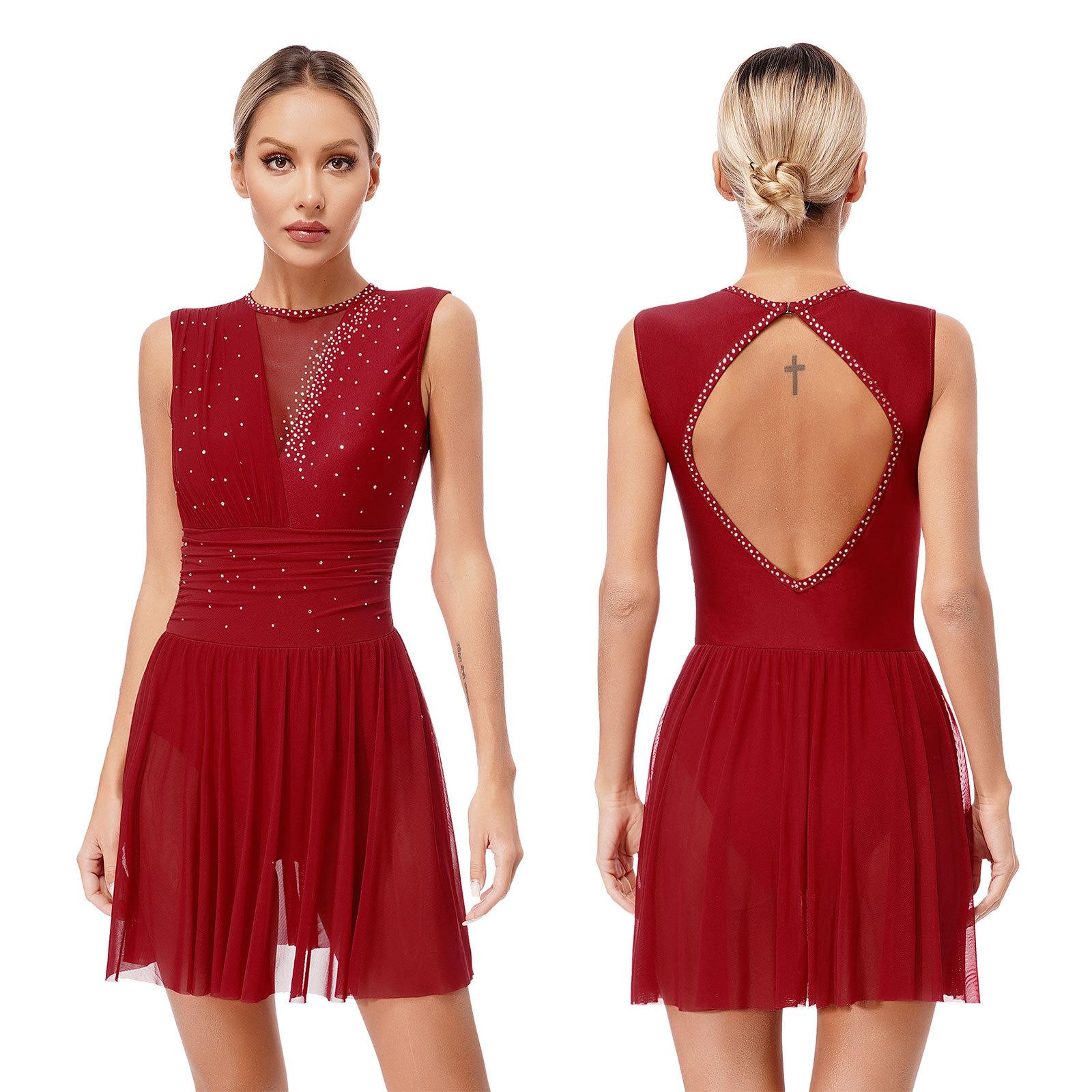 Latein Rumba Salsa Tango Kleid Tanzbekleidung Gymnastik Ballett Lyrischer Tanz Walzer Kleid Frauen Eiskunstlauf Kleid M bordeaux