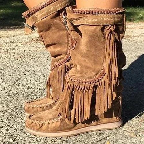 Piratenstiefel Damen Plissee Quaste Stiefel Mittelhohe Stiefel Damen Nähschuhe Schnalle Leder High Heels Schuhe Damen Übergröße Reißverschluss 40 braun
