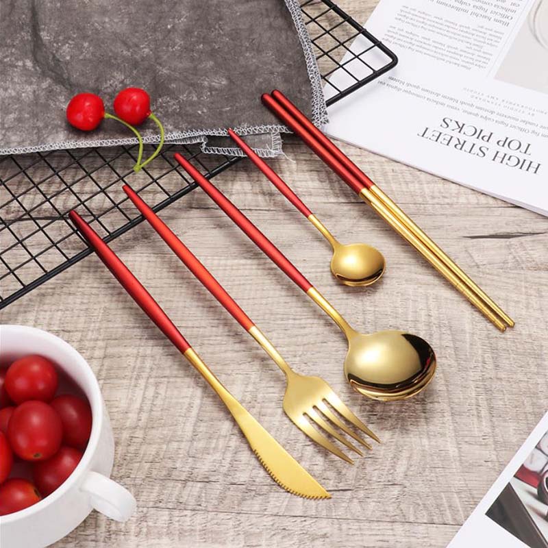 Nordic Edelstahl Steak Messer Gabel Löffel Teelöffel Essstäbchen 5 Stück Set Spiegel Matted Luxus Küche Geschirr Set Home Party Geschirr Set 5 pcs set rot
