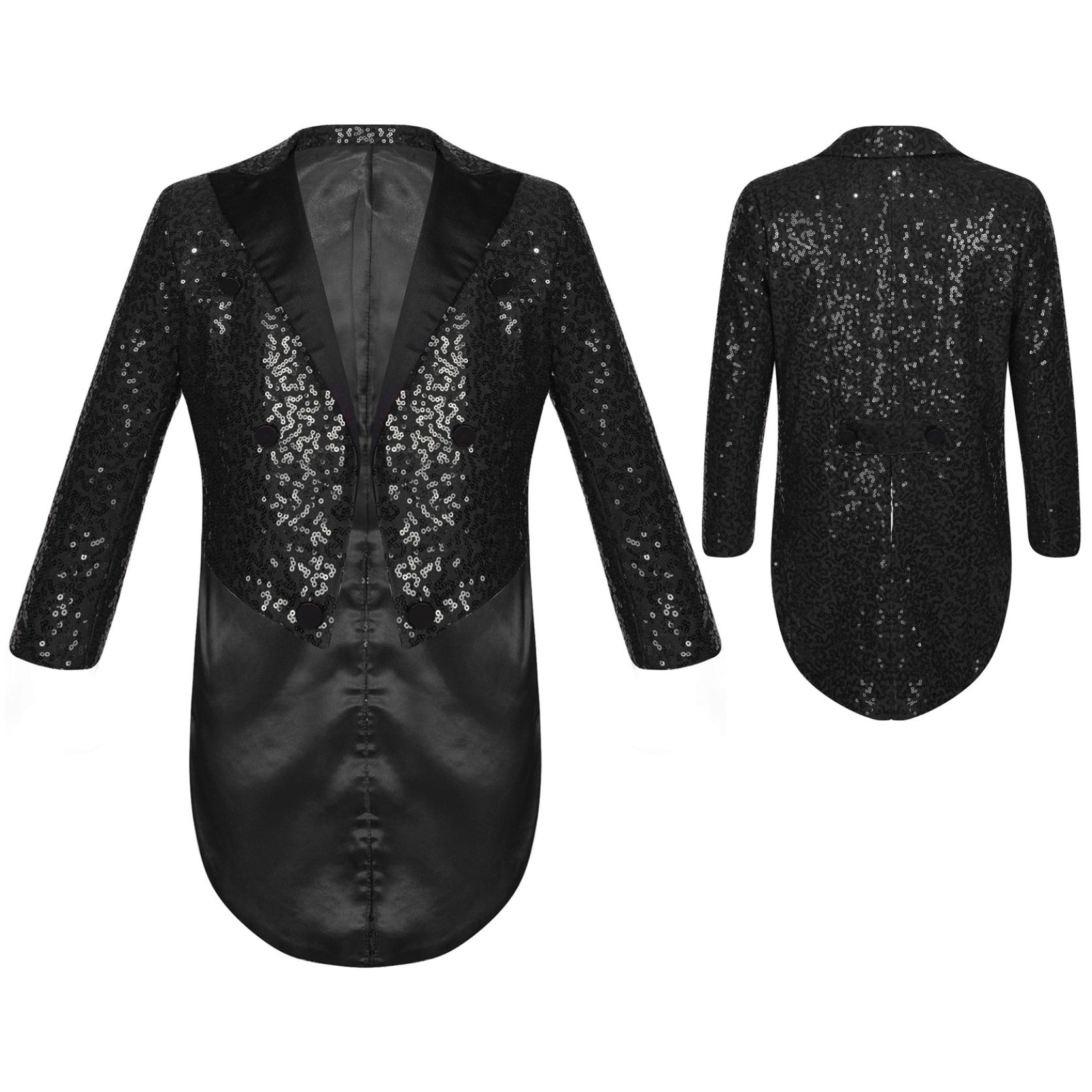 Kinder Jungen Pailletten Frack Kinder Gentleman Anzüge Blazer für Zaubershows Leistung Formale Kostüm Hochzeit Jungen Mäntel 5-6 Years schwarz
