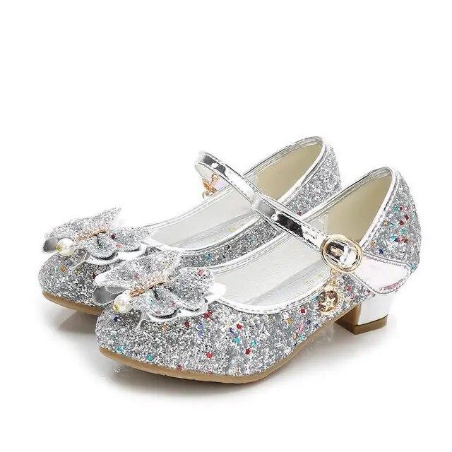 Prinzessin Schmetterling Leder Schuhe Kinder Diamant Bowknot High Heel Kinder Mädchen Tanzen Glitter Schuhe Mode Mädchen Party Tanz Schuh 38 silber