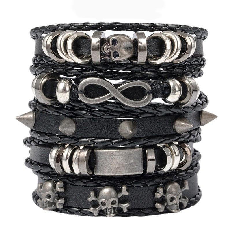 Punk Style Legierung Schädel Leder Armband Set - Europäischer & Amerikanischer Retro Herrenschmuck schwarz
