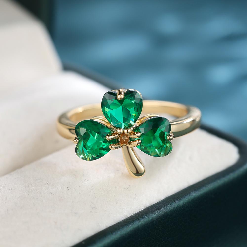 Mode Grün Kristall Drei-blatt Kleeblatt Ring für Frauen Mädchen Gold Farbe Glück Ringe Hochzeit Partei Schmuck Geschenk 8 grün/gold