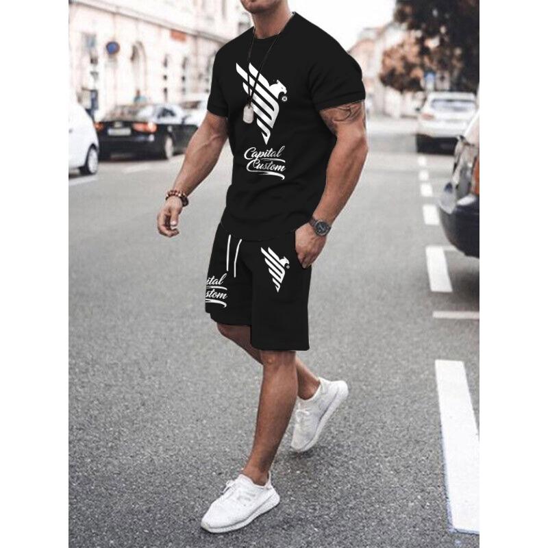 2-teiliges 3D-gedrucktes Kurzarm-Shorts-Set für Herren, Sommer, lässiges Herren-T-Shirt für den Alltag, Outdoor, Straße, Herren-Sportshorts 2XL