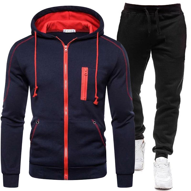 Herbst Winter Herren Trainingsanzüge Mäntel und Hosen Zweiteiliges Set Casual Streetwear Jacken Outdoor Jogginganzüge für Männer 2XL navy blau