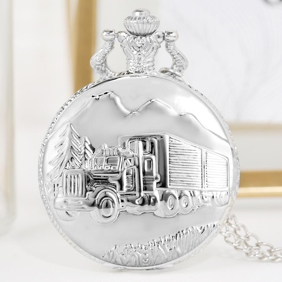 Vintage Bronze Retro Big Truck Forest Tree Taschenuhr mit Kette für Auto-LKW-Fahrer-Taschenuhren silber